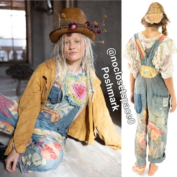 New Magnolia Pearl Love Applique Overalls Woodstock 039 Overall Denim Jean Jeans - Picture 3 of 17